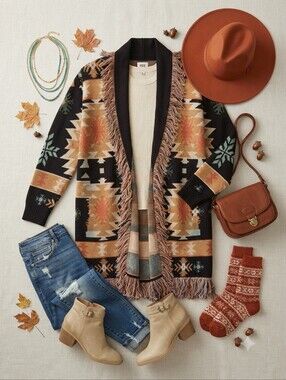 BKE Buckle Southwestern Fringe Open Front Cardigan Sweater